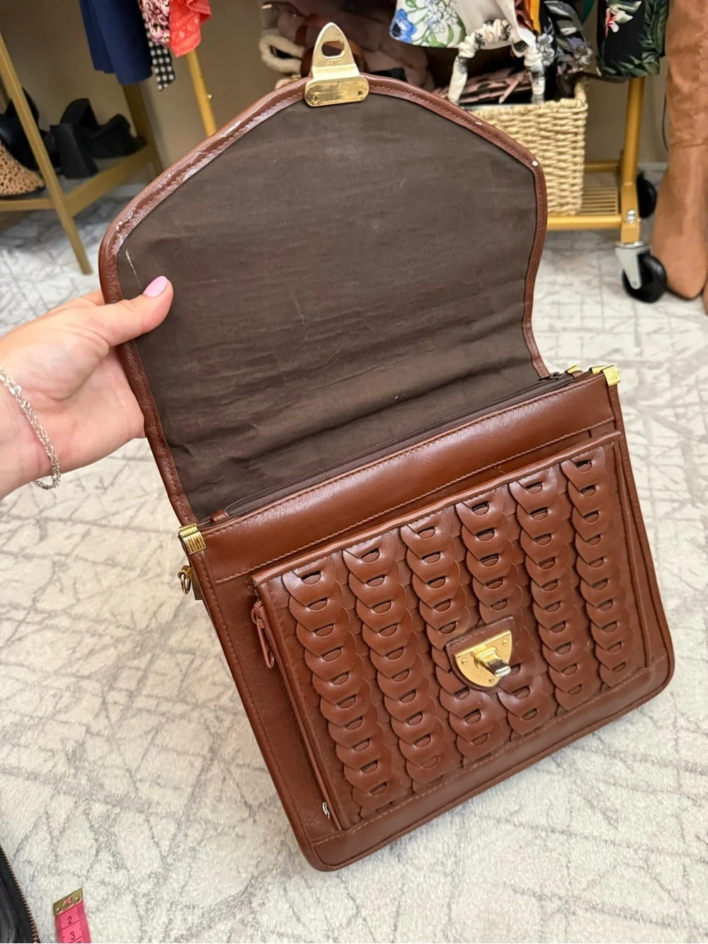 Vintage Woven Brown Leather Briefcase Satchel Bag Boho Dark Academia